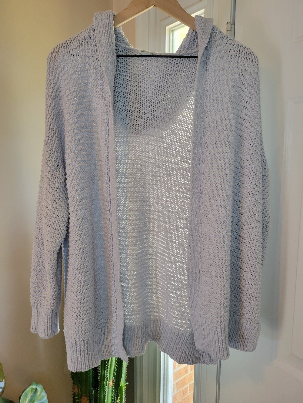 Aerie Open Knit Slouchy Grey Hooded Cardigan, Size Womens Medium